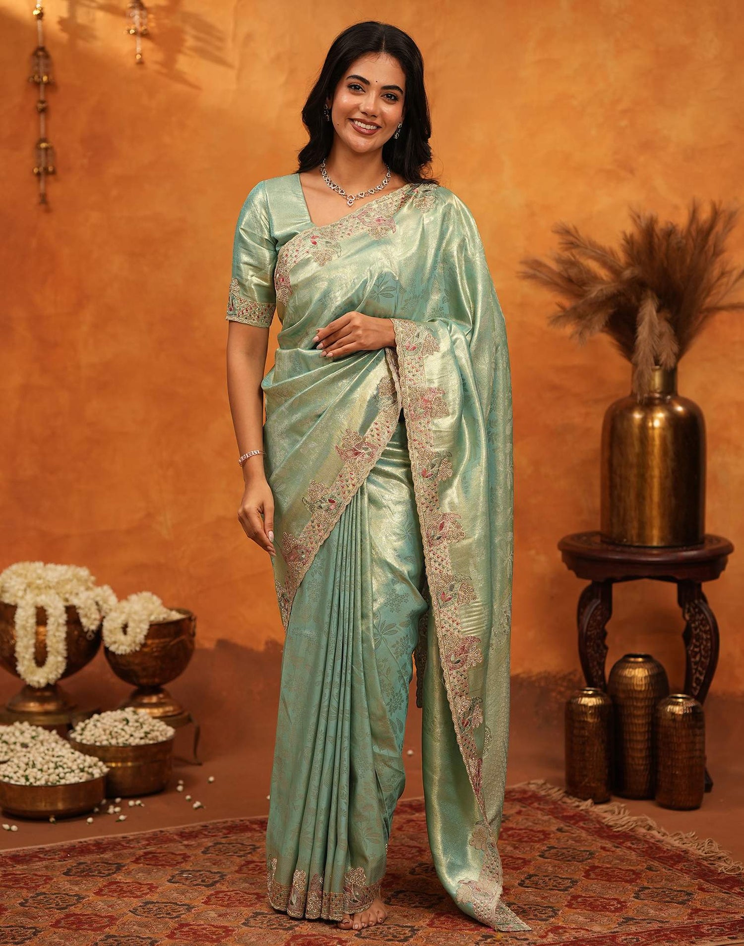 Mint Green Silk Woven Embroidery Stone Work Banarasi Saree