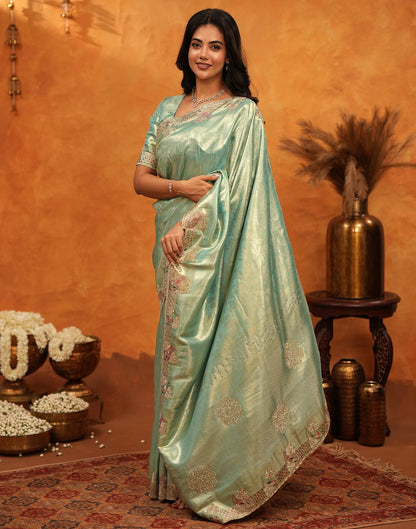 Mint Green Silk Woven Embroidery Stone Work Banarasi Saree