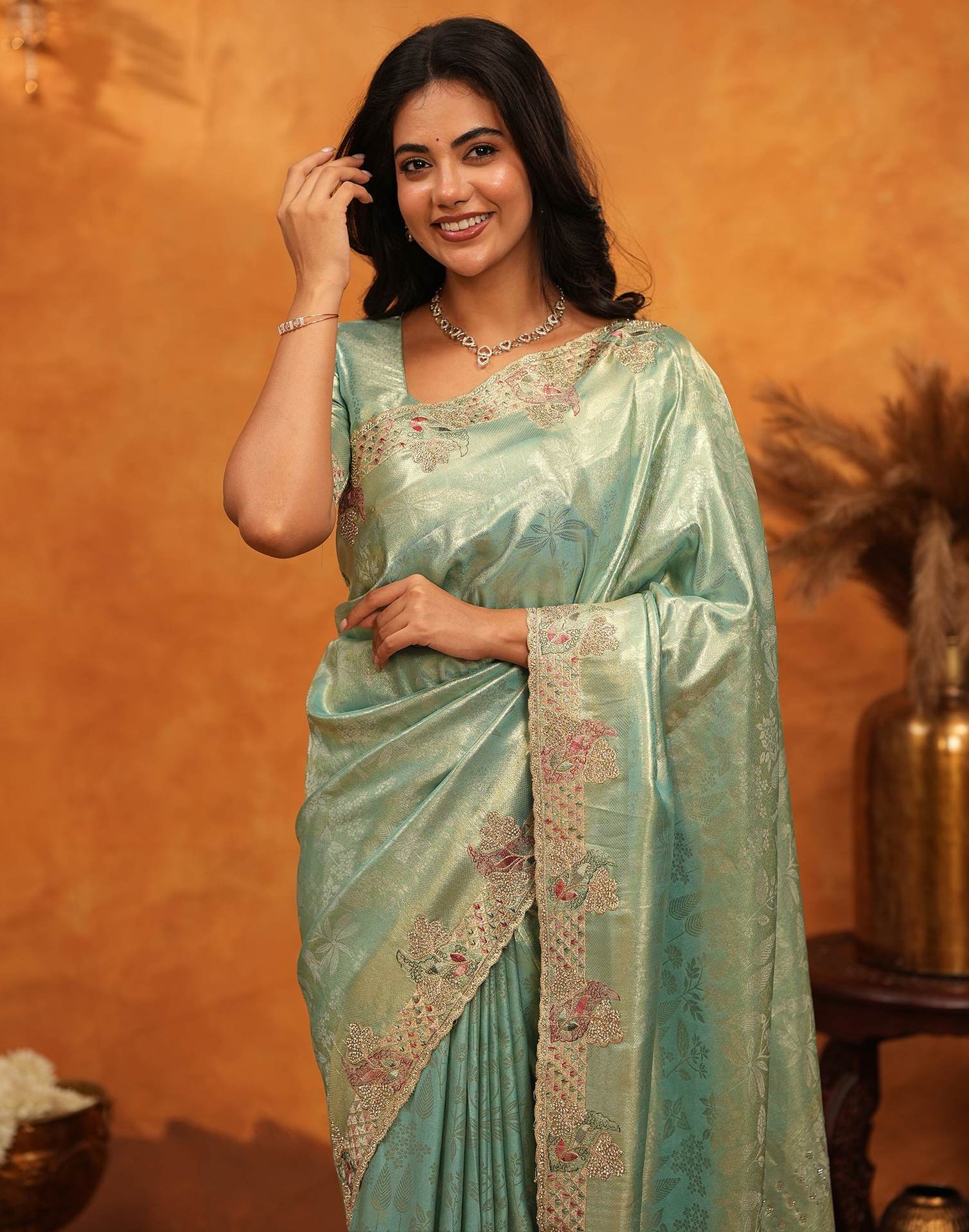 Mint Green Silk Woven Embroidery Stone Work Banarasi Saree