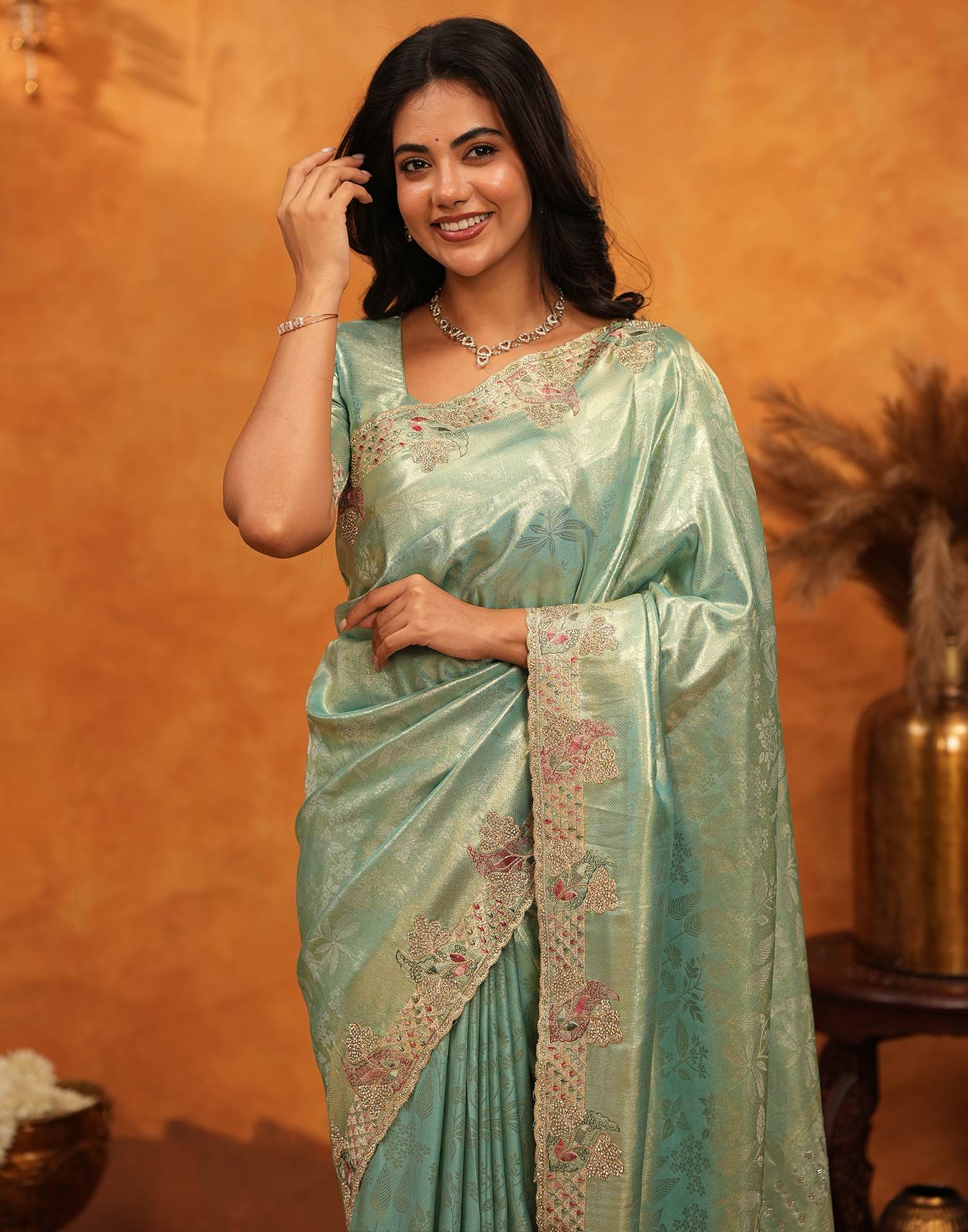 Mint Green Silk Woven Embroidery Stone Work Banarasi Saree