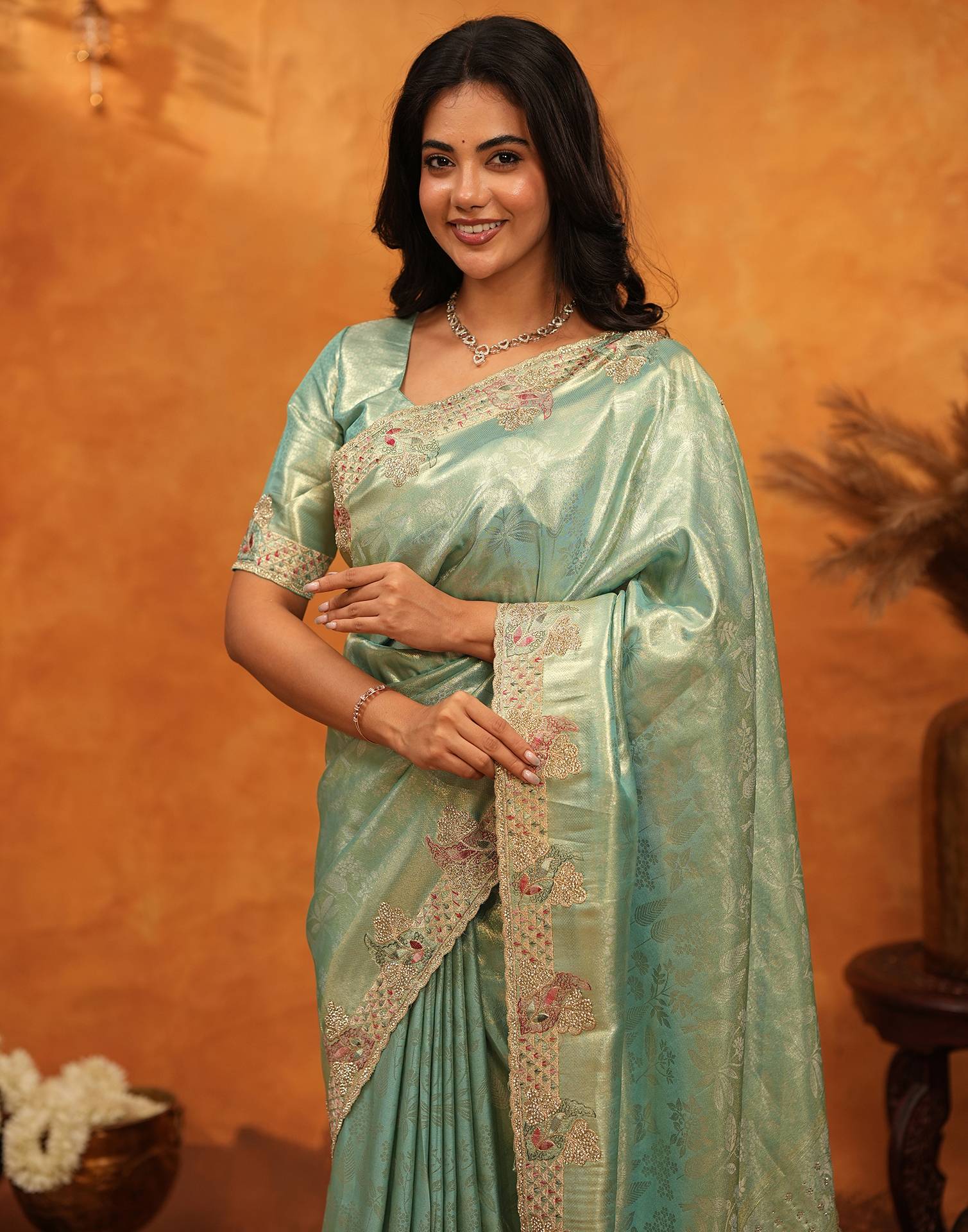 Mint Green Silk Woven Embroidery Stone Work Banarasi Saree