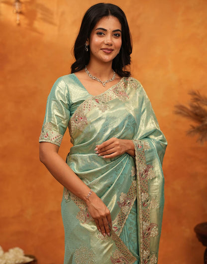 Mint Green Silk Woven Embroidery Stone Work Banarasi Saree