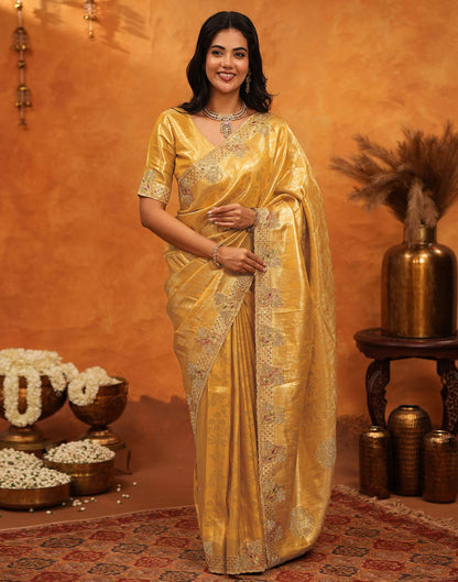 Light Yellow Silk Woven Embroidery Stone Work Banarasi Saree