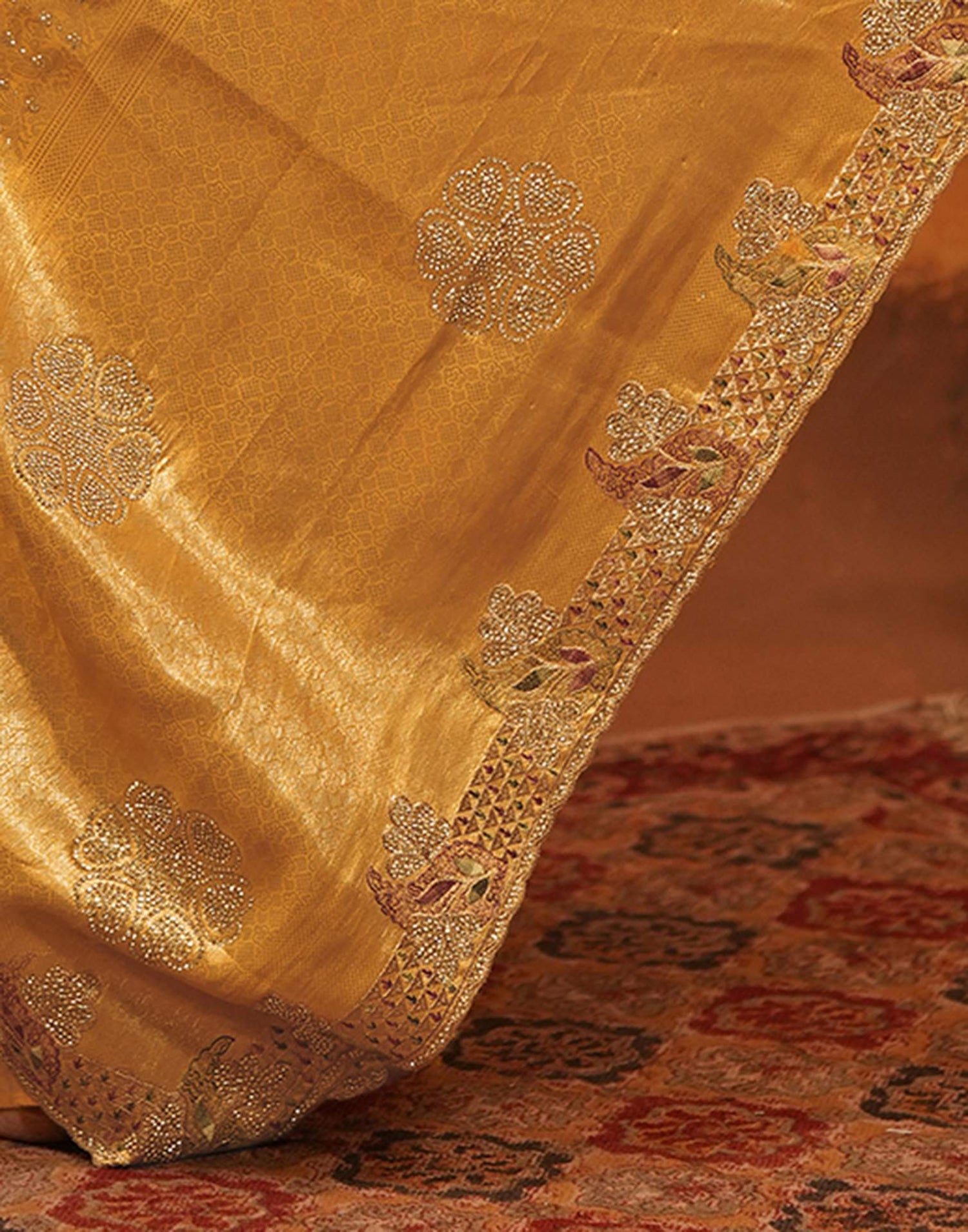 Light Yellow Silk Woven Embroidery Stone Work Banarasi Saree