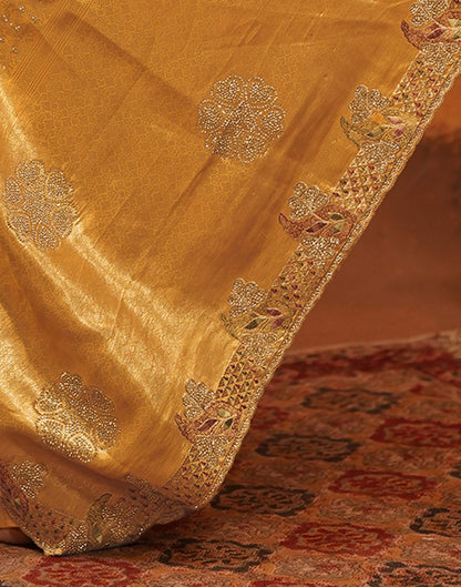 Light Yellow Silk Woven Embroidery Stone Work Banarasi Saree