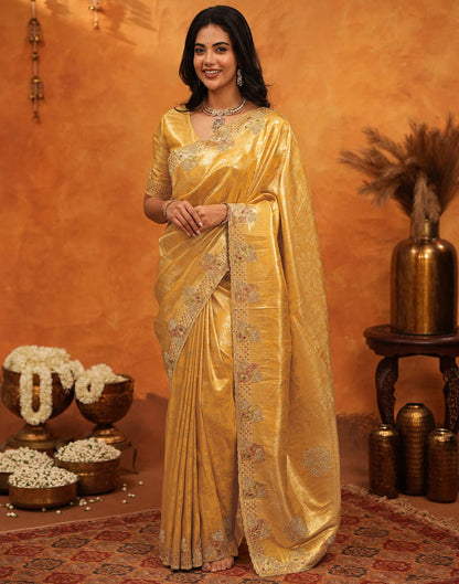 Light Yellow Silk Woven Embroidery Stone Work Banarasi Saree