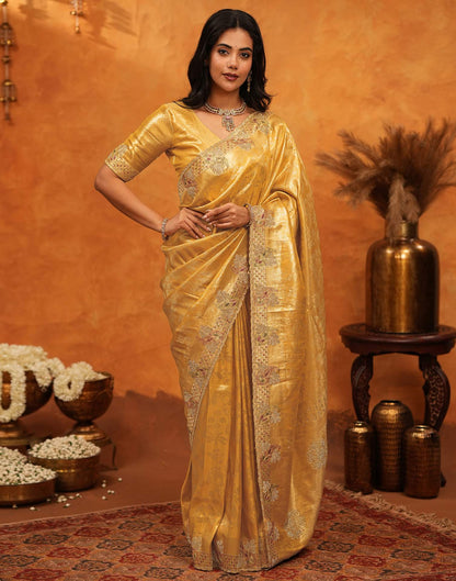 Light Yellow Silk Woven Embroidery Stone Work Banarasi Saree