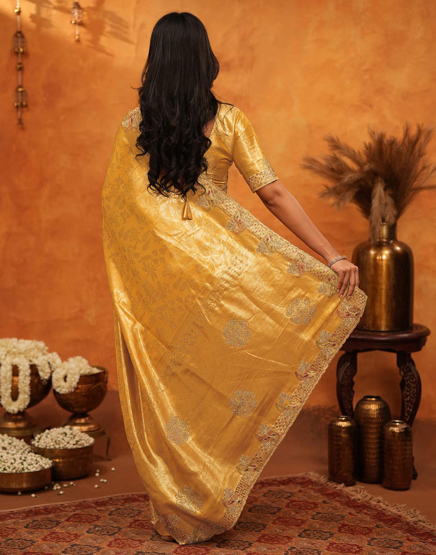 Light Yellow Silk Woven Embroidery Stone Work Banarasi Saree