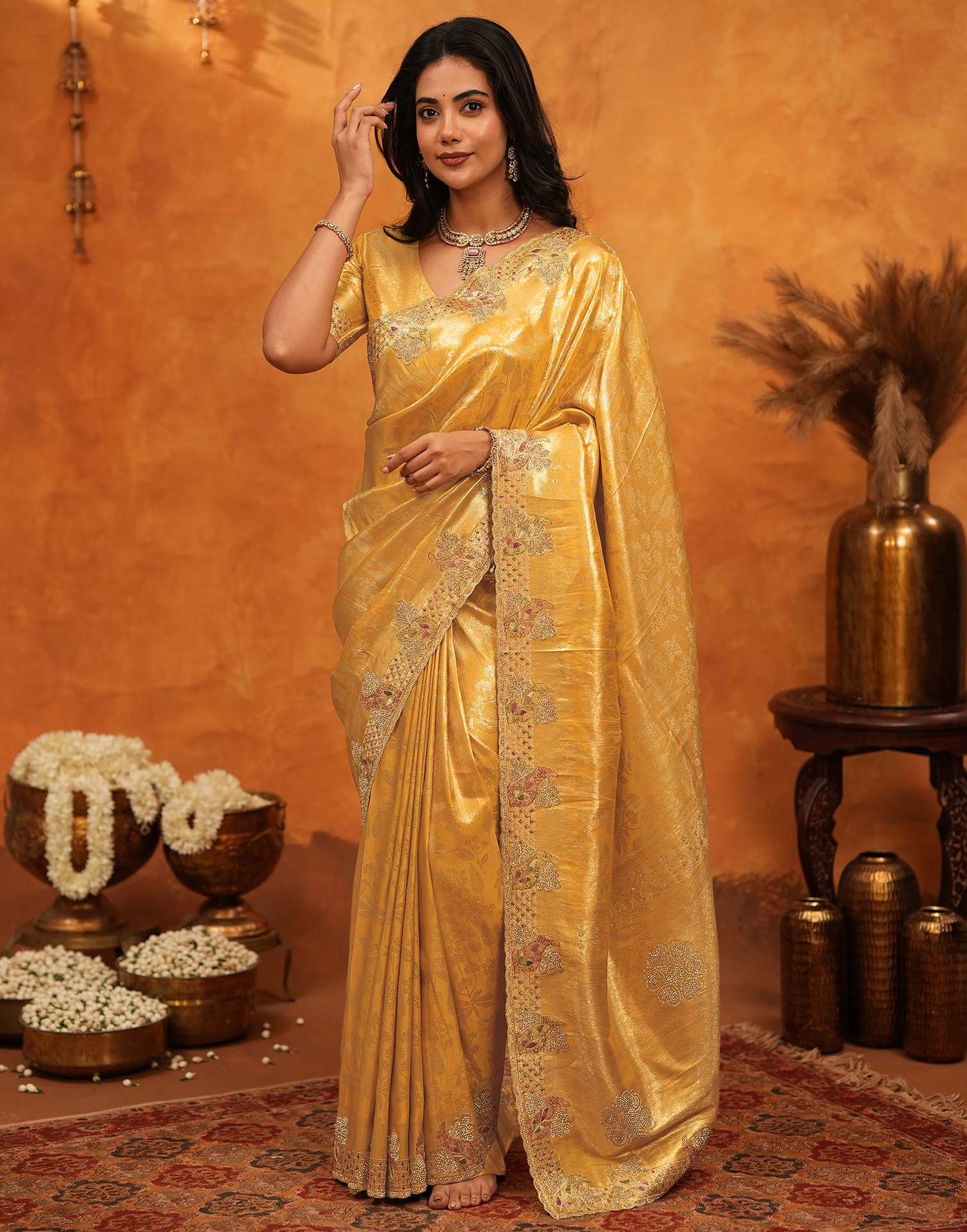 Light Yellow Silk Woven Embroidery Stone Work Banarasi Saree