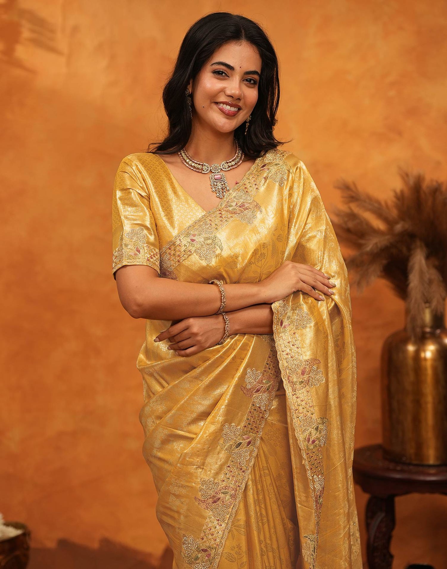 Light Yellow Silk Woven Embroidery Stone Work Banarasi Saree