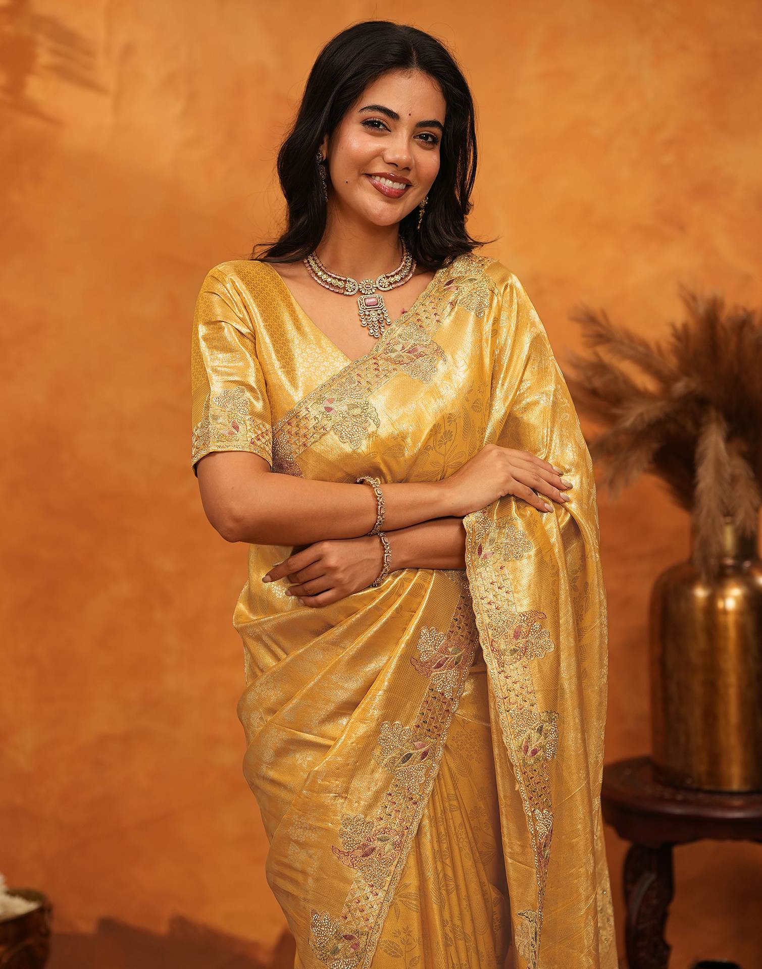 Light Yellow Silk Woven Embroidery Stone Work Banarasi Saree