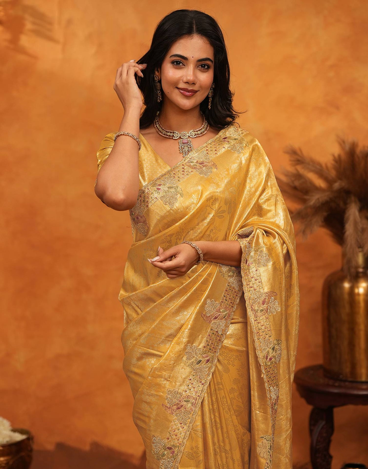 Light Yellow Silk Woven Embroidery Stone Work Banarasi Saree