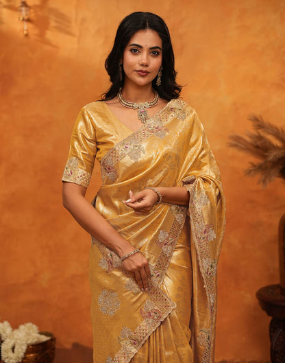 Light Yellow Silk Woven Embroidery Stone Work Banarasi Saree