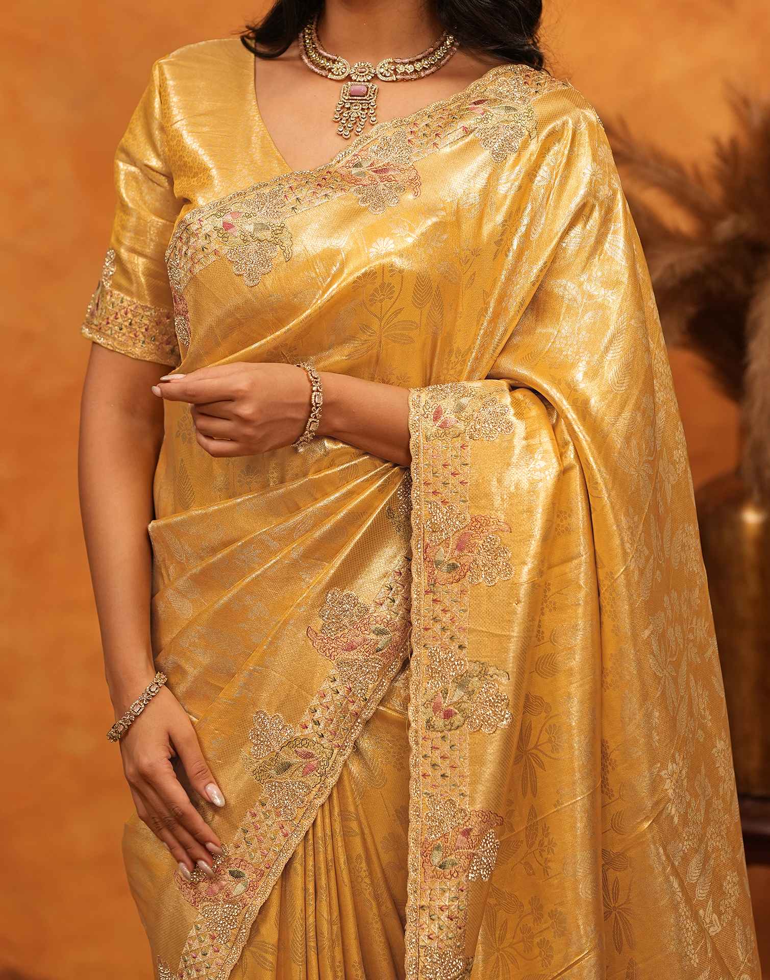 Light Yellow Silk Woven Embroidery Stone Work Banarasi Saree