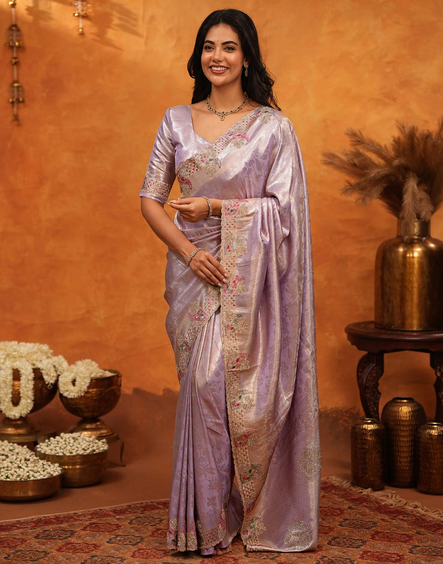 Levender Silk Woven Embroidery Stone Work Banarasi Saree