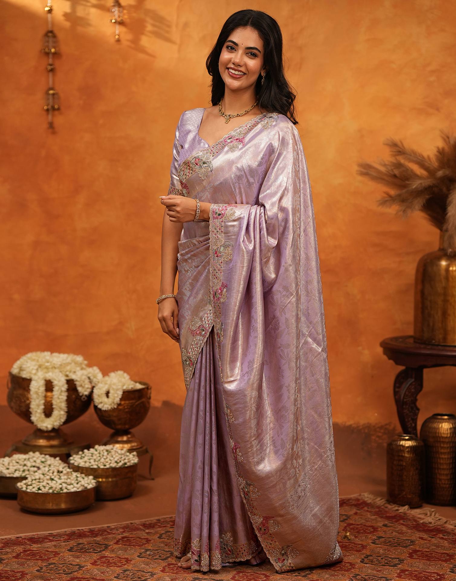Levender Silk Woven Embroidery Stone Work Banarasi Saree