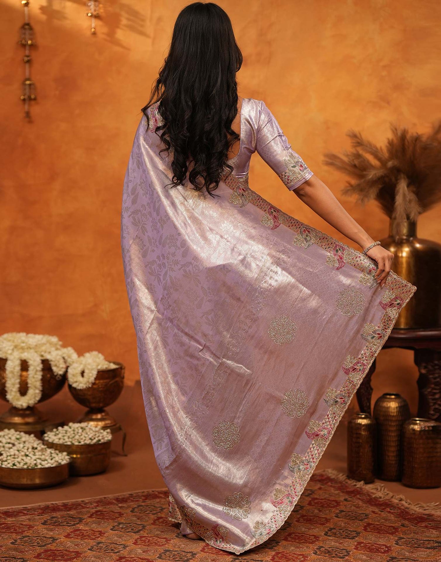 Levender Silk Woven Embroidery Stone Work Banarasi Saree
