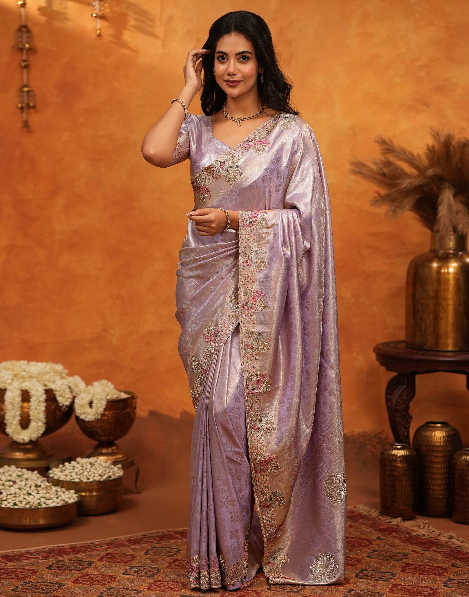 Levender Silk Woven Embroidery Stone Work Banarasi Saree