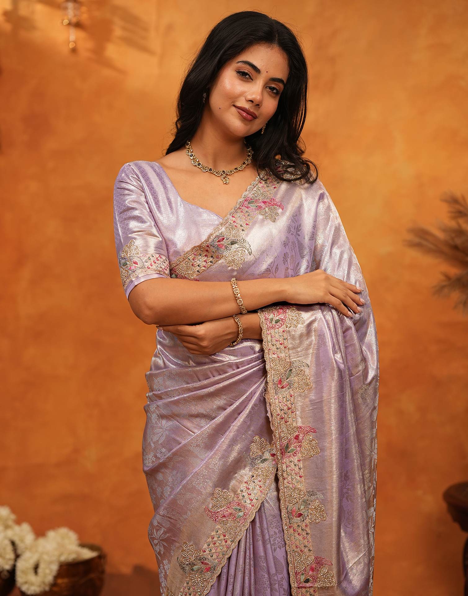 Levender Silk Woven Embroidery Stone Work Banarasi Saree