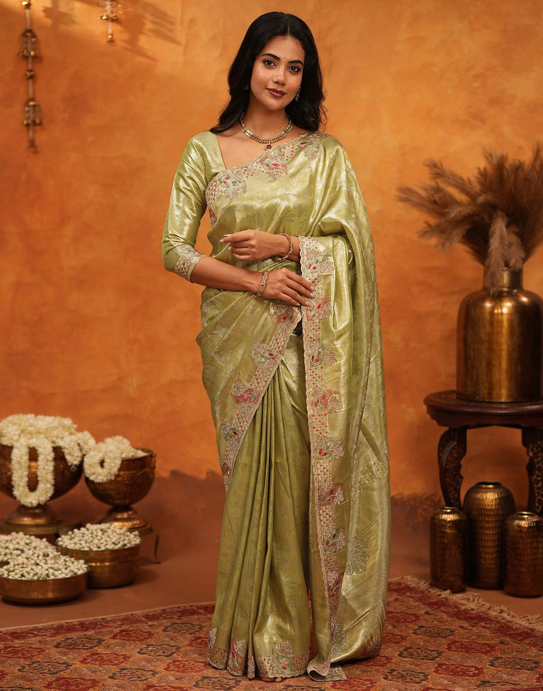 Lime Yellow Silk Woven Embroidery Stone Work Banarasi Saree