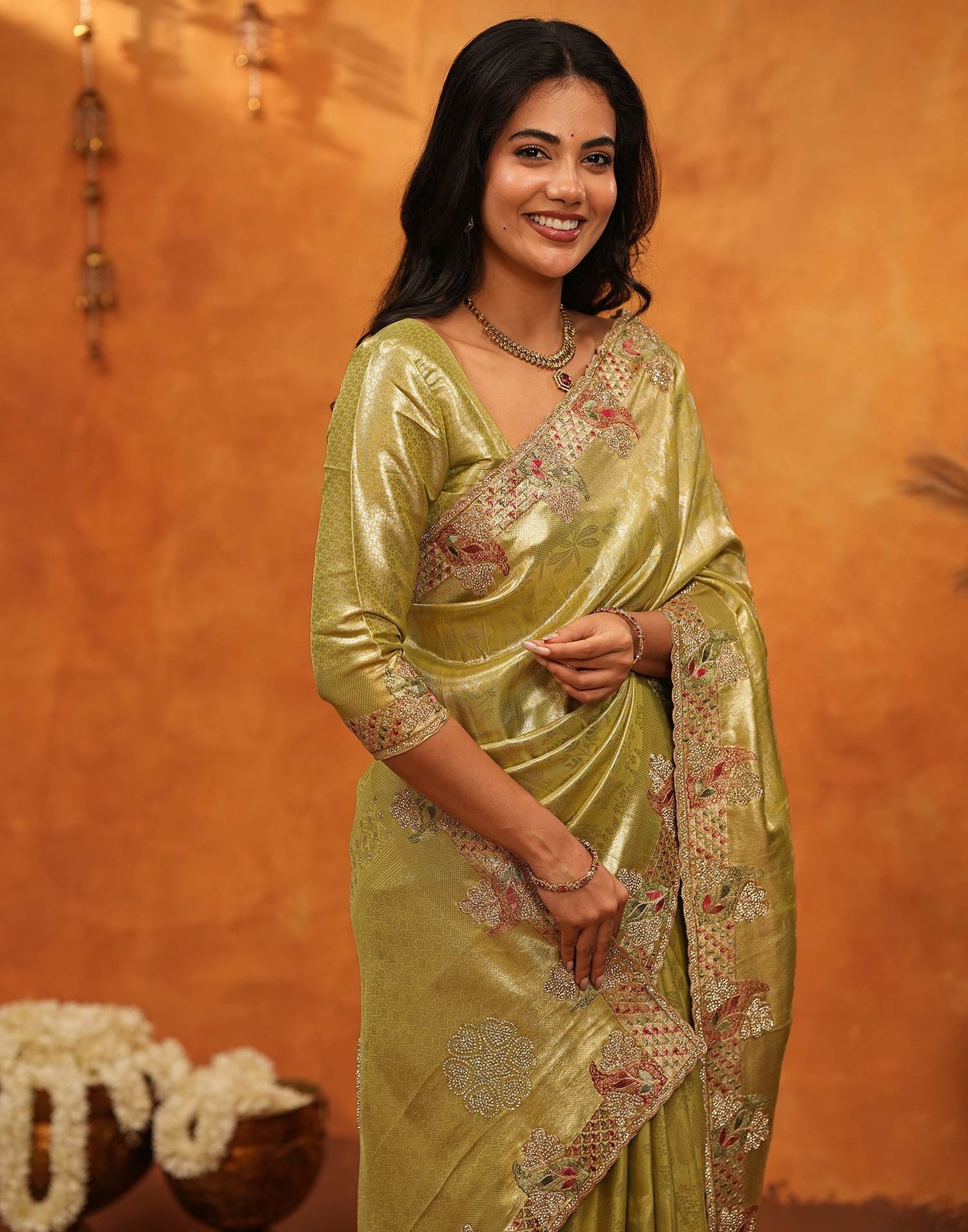 Lime Yellow Silk Woven Embroidery Stone Work Banarasi Saree