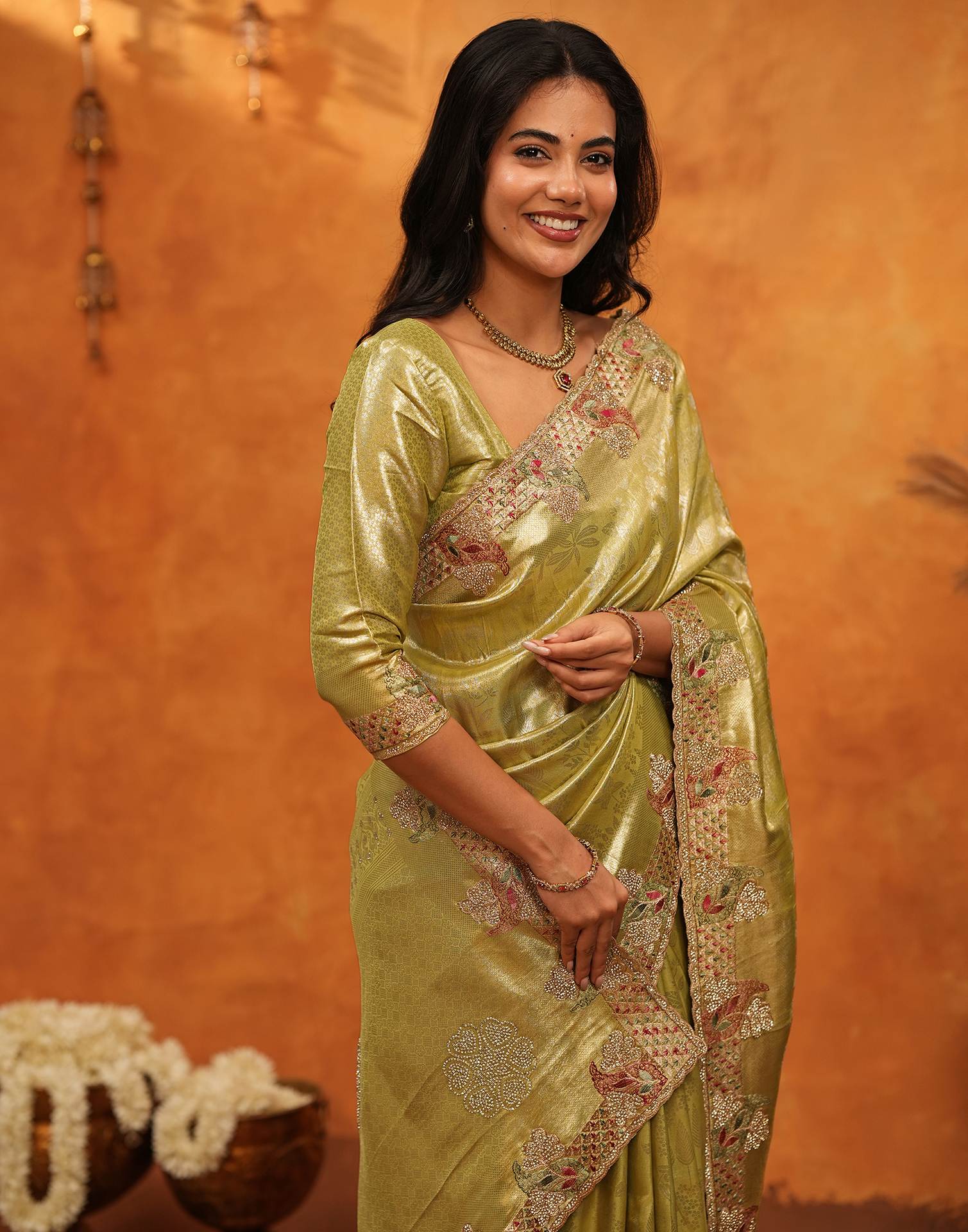 Lime Yellow Silk Woven Embroidery Stone Work Banarasi Saree