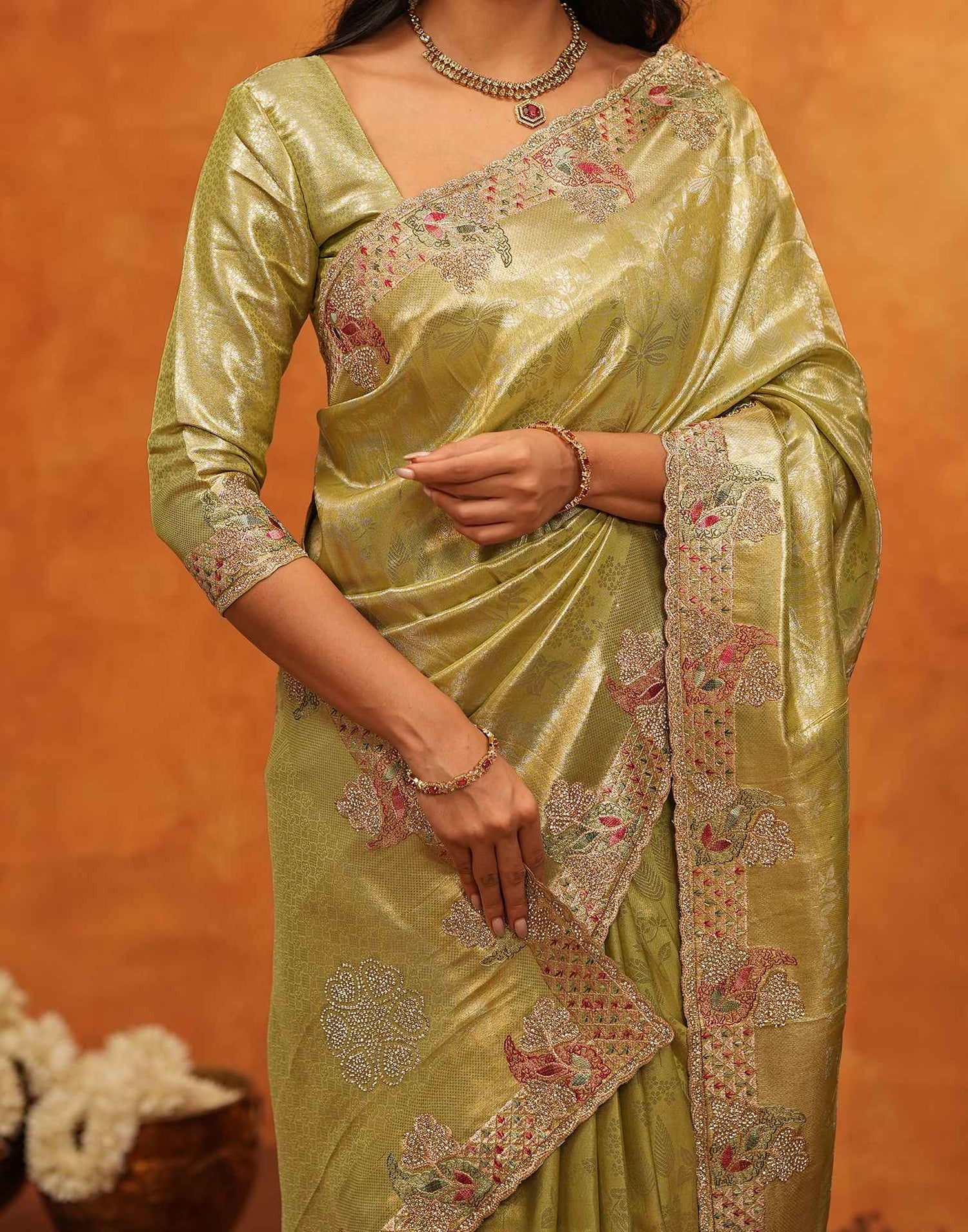 Lime Yellow Silk Woven Embroidery Stone Work Banarasi Saree