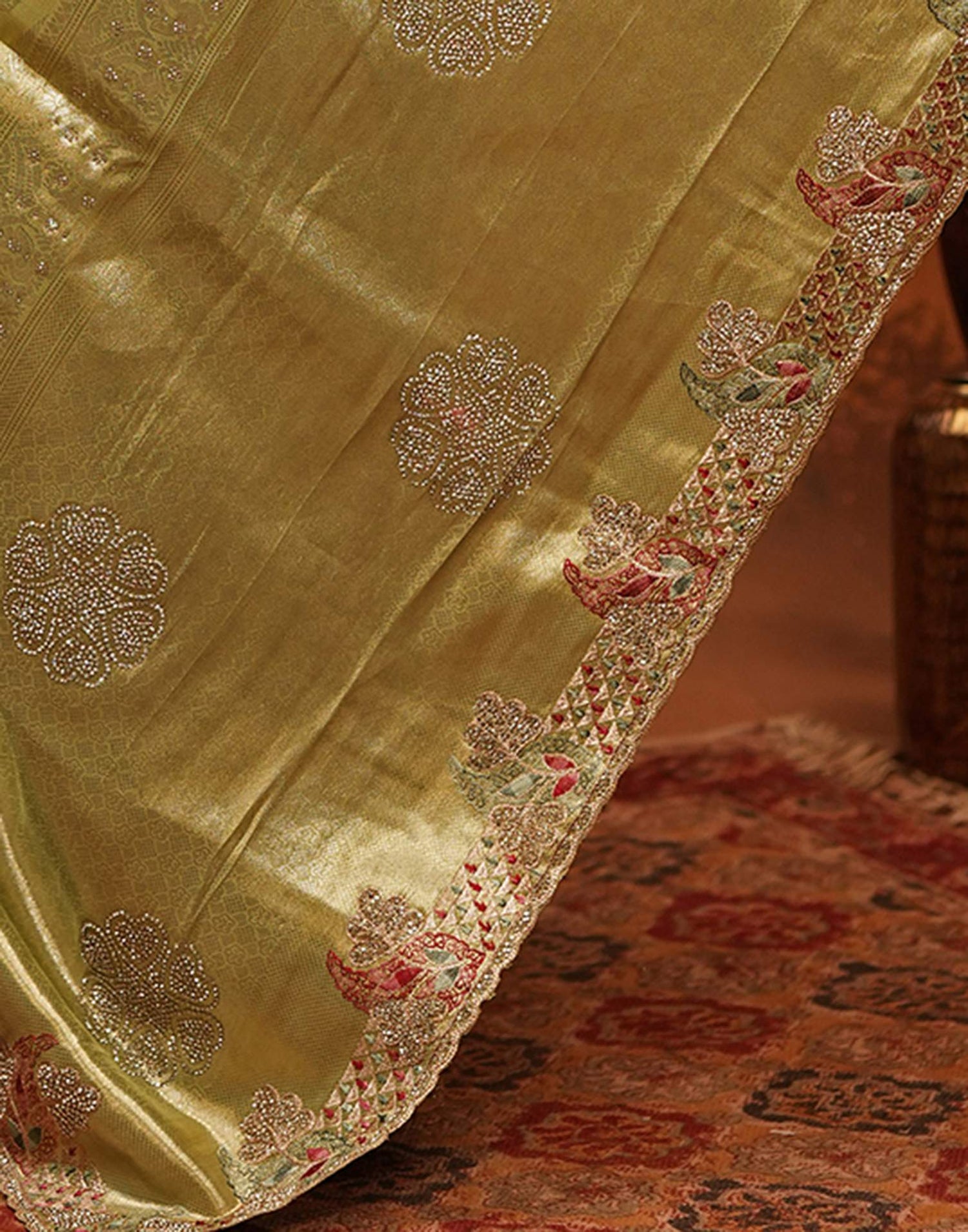 Lime Yellow Silk Woven Embroidery Stone Work Banarasi Saree