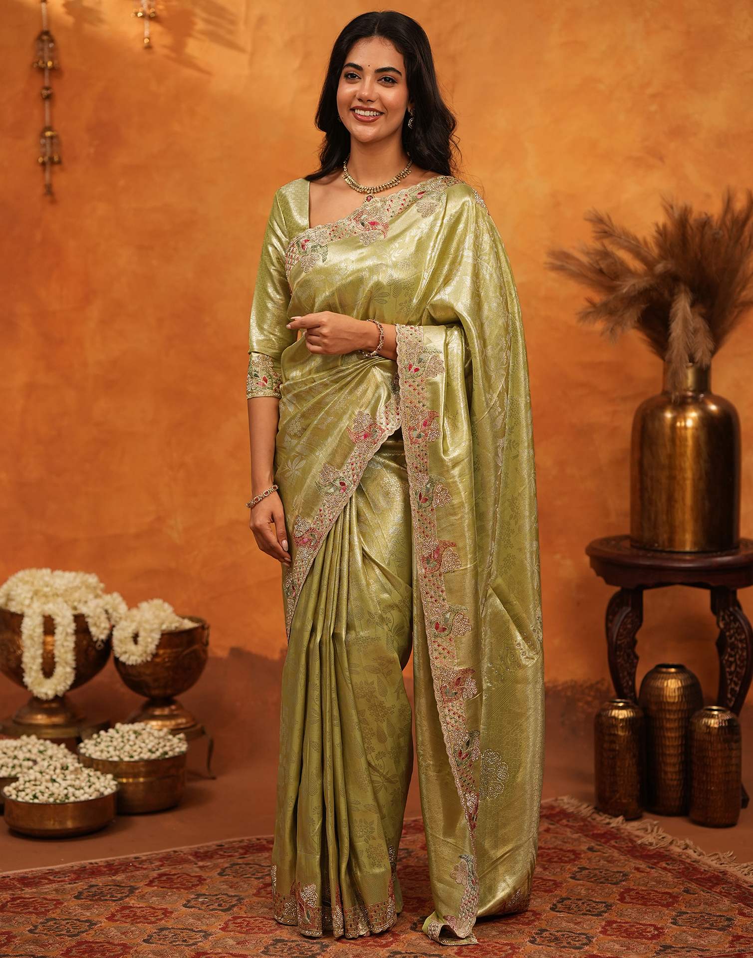 Lime Yellow Silk Woven Embroidery Stone Work Banarasi Saree