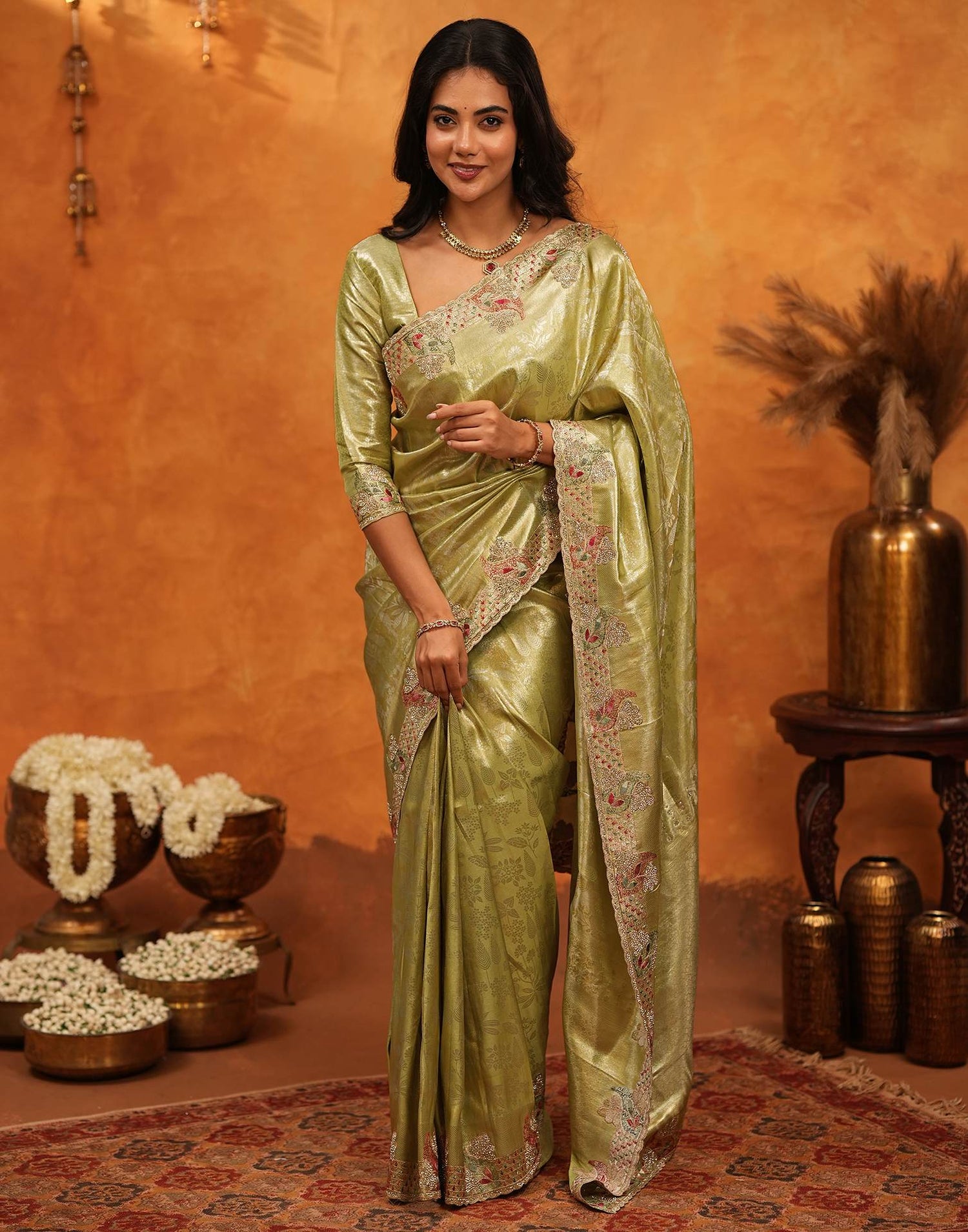 Lime Yellow Silk Woven Embroidery Stone Work Banarasi Saree