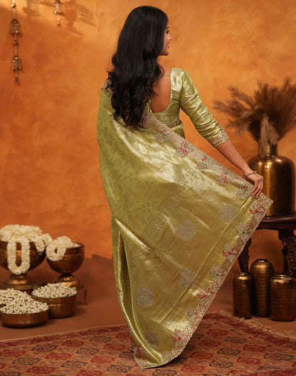 Lime Yellow Silk Woven Embroidery Stone Work Banarasi Saree