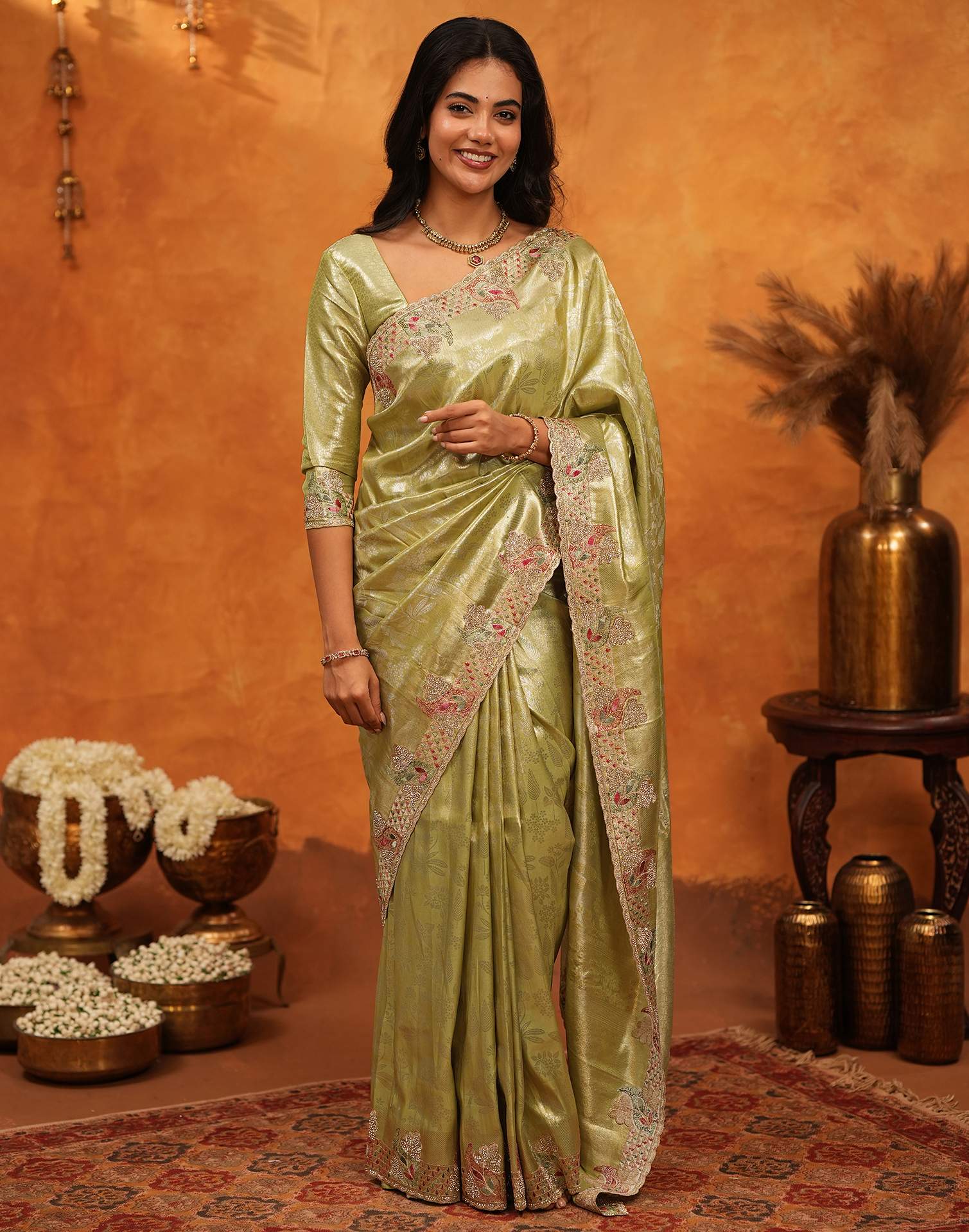 Lime Yellow Silk Woven Embroidery Stone Work Banarasi Saree