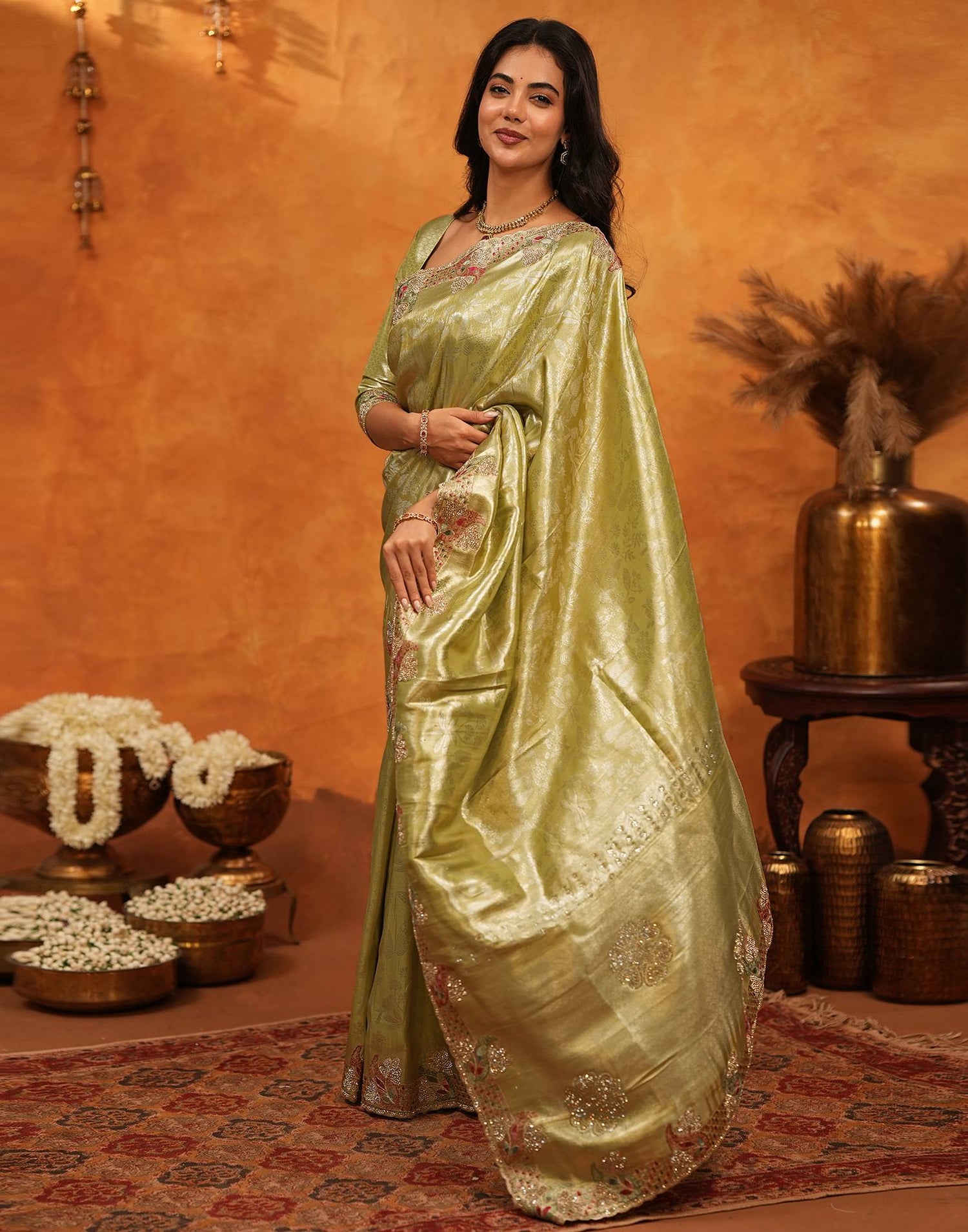 Lime Yellow Silk Woven Embroidery Stone Work Banarasi Saree