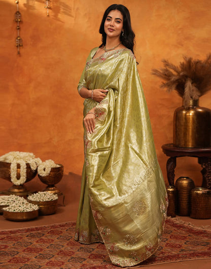 Lime Yellow Silk Woven Embroidery Stone Work Banarasi Saree