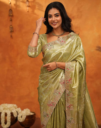 Lime Yellow Silk Woven Embroidery Stone Work Banarasi Saree