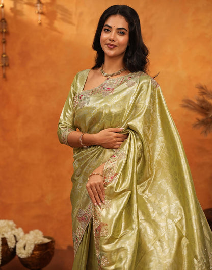 Lime Yellow Silk Woven Embroidery Stone Work Banarasi Saree