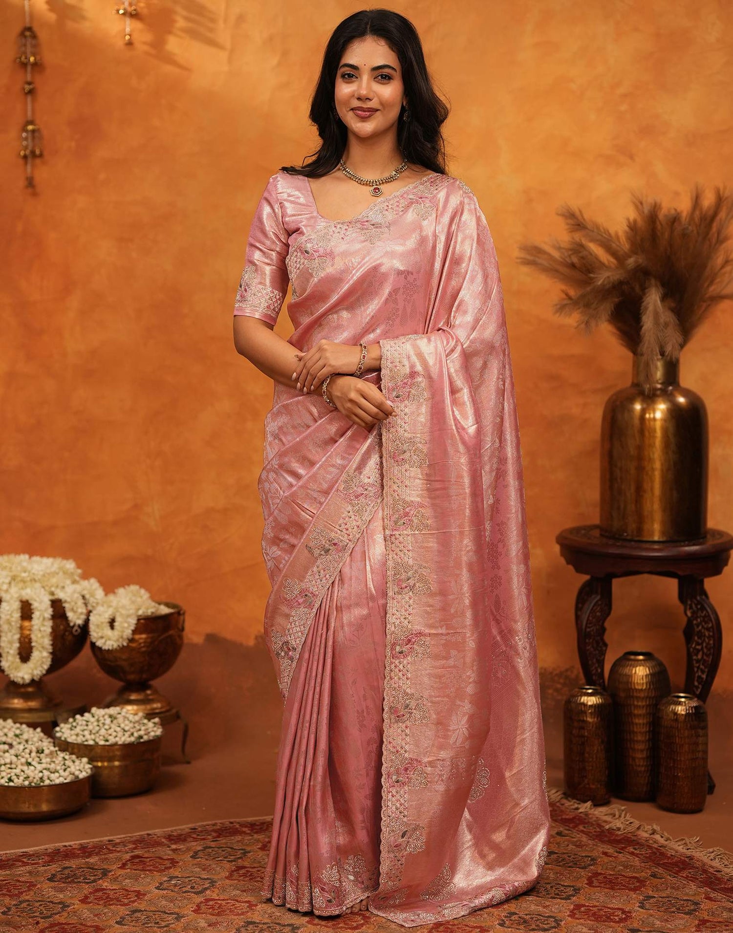 Coral Pink Silk Woven Embroidery Stone Work Banarasi Saree