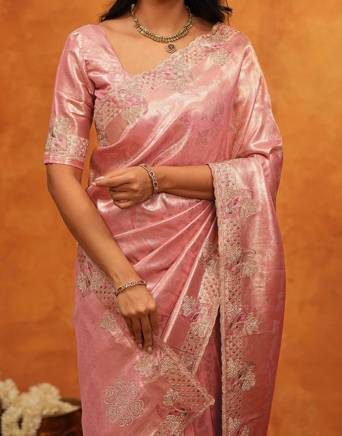 Coral Pink Silk Woven Embroidery Stone Work Banarasi Saree