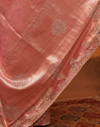 Coral Pink Silk Woven Embroidery Stone Work Banarasi Saree