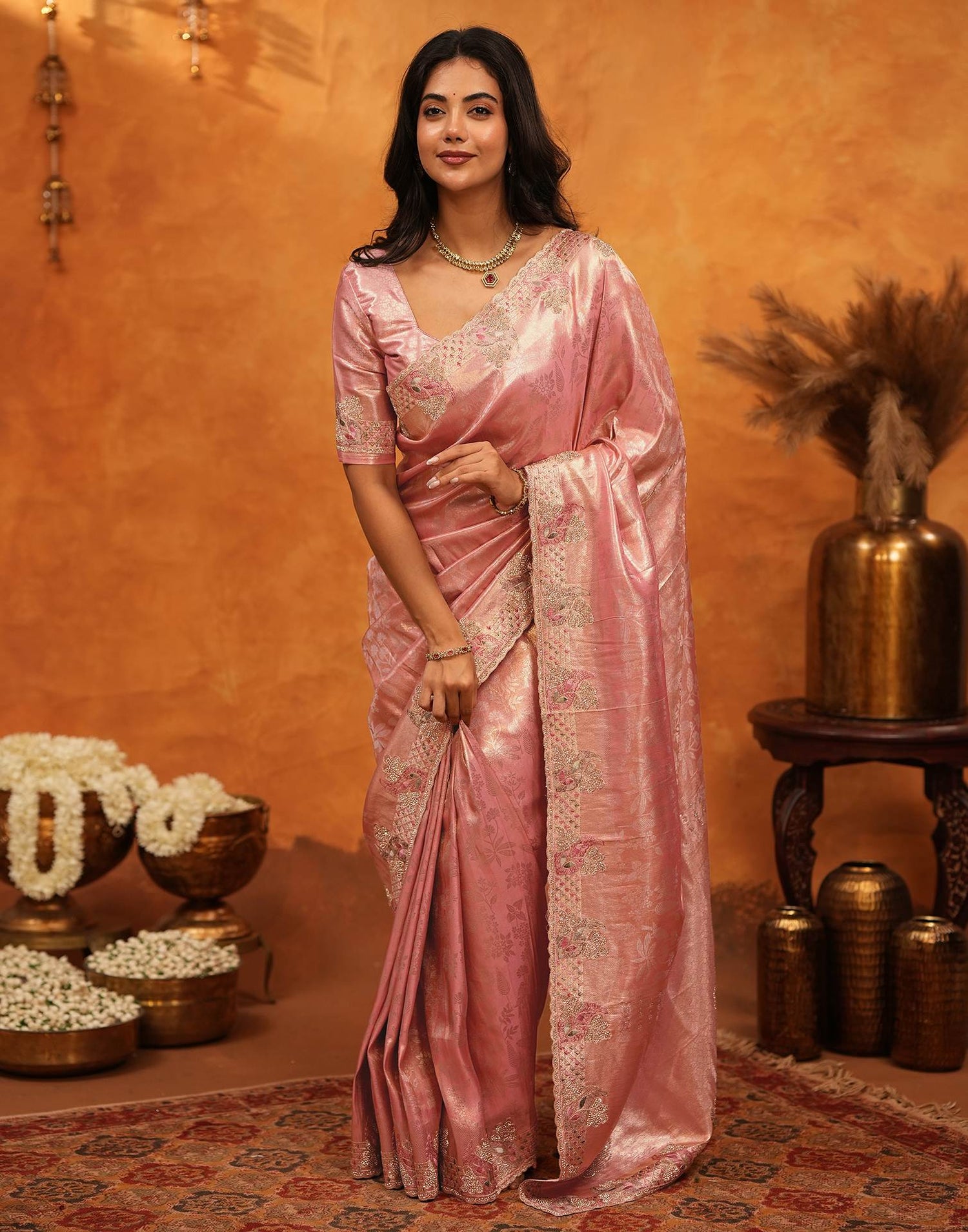 Coral Pink Silk Woven Embroidery Stone Work Banarasi Saree