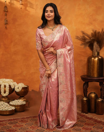 Coral Pink Silk Woven Embroidery Stone Work Banarasi Saree