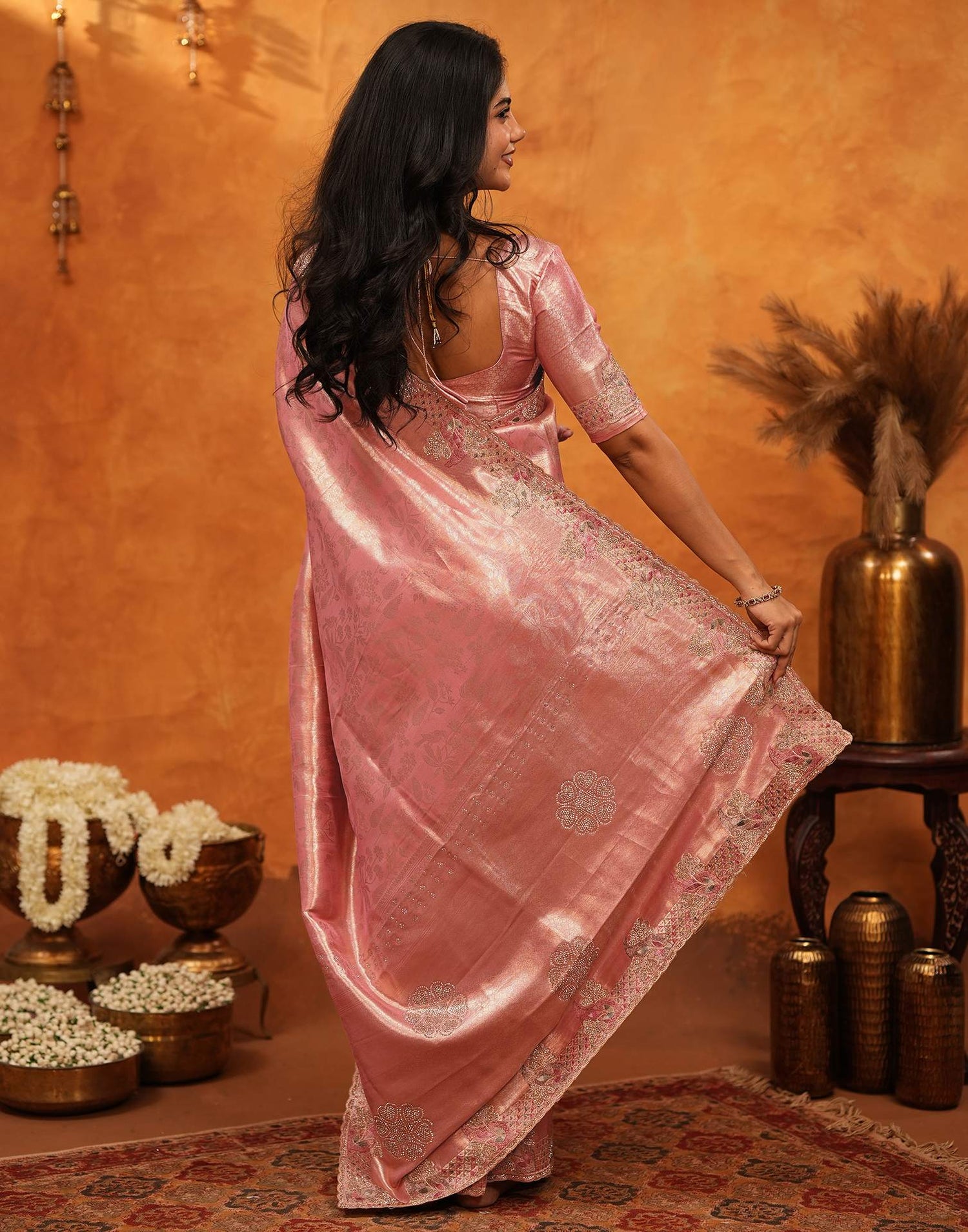 Coral Pink Silk Woven Embroidery Stone Work Banarasi Saree