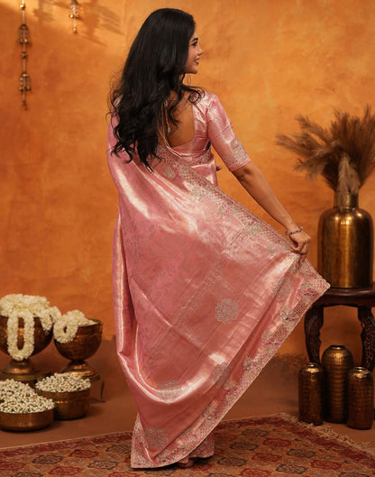 Coral Pink Silk Woven Embroidery Stone Work Banarasi Saree