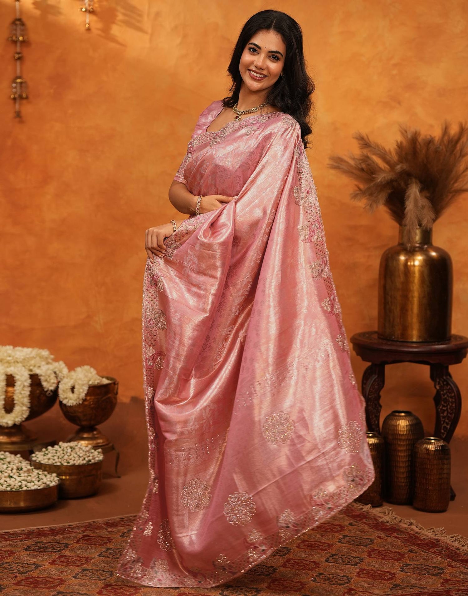 Coral Pink Silk Woven Embroidery Stone Work Banarasi Saree