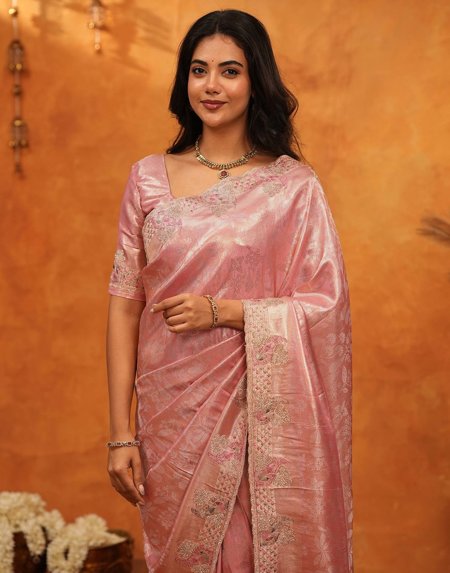 Coral Pink Silk Woven Embroidery Stone Work Banarasi Saree