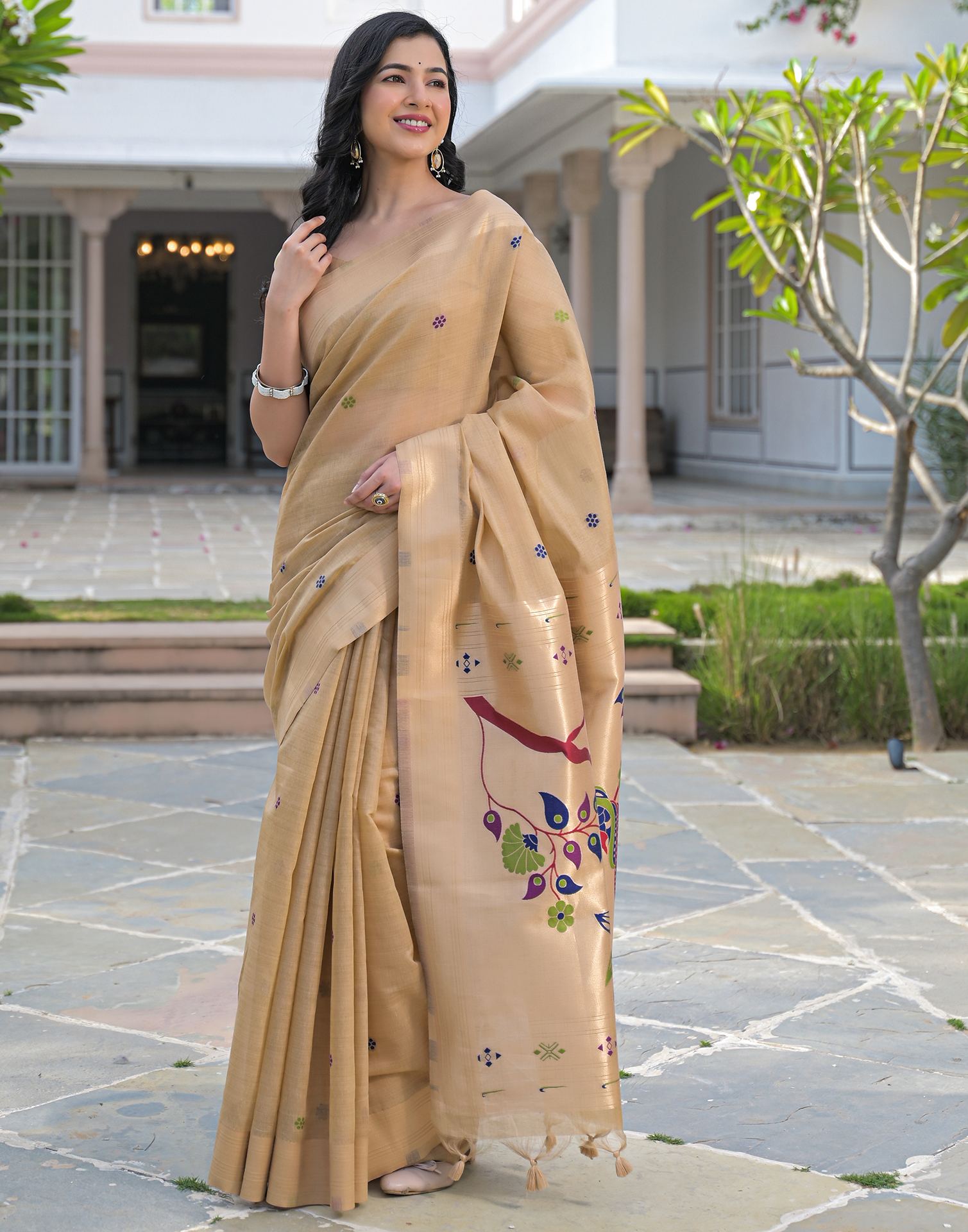 Beige Cotton Woven Paithani Saree