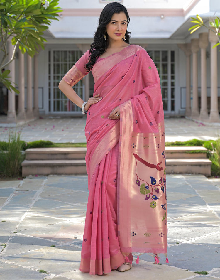 Rose Pink Cotton Woven Paithani Saree