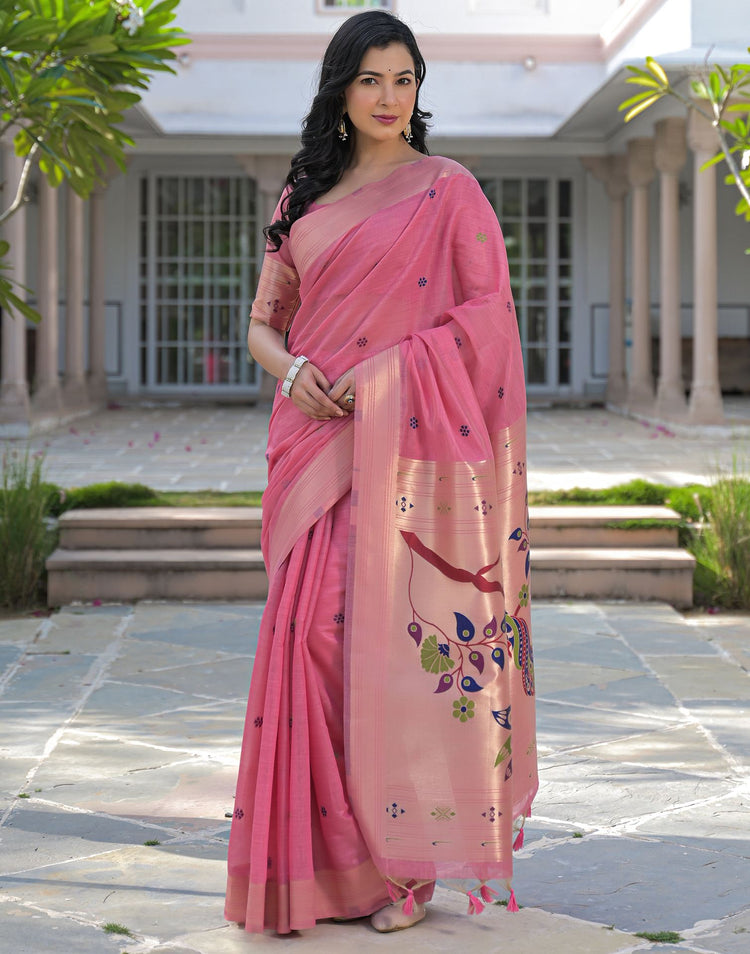Rose Pink Cotton Woven Paithani Saree