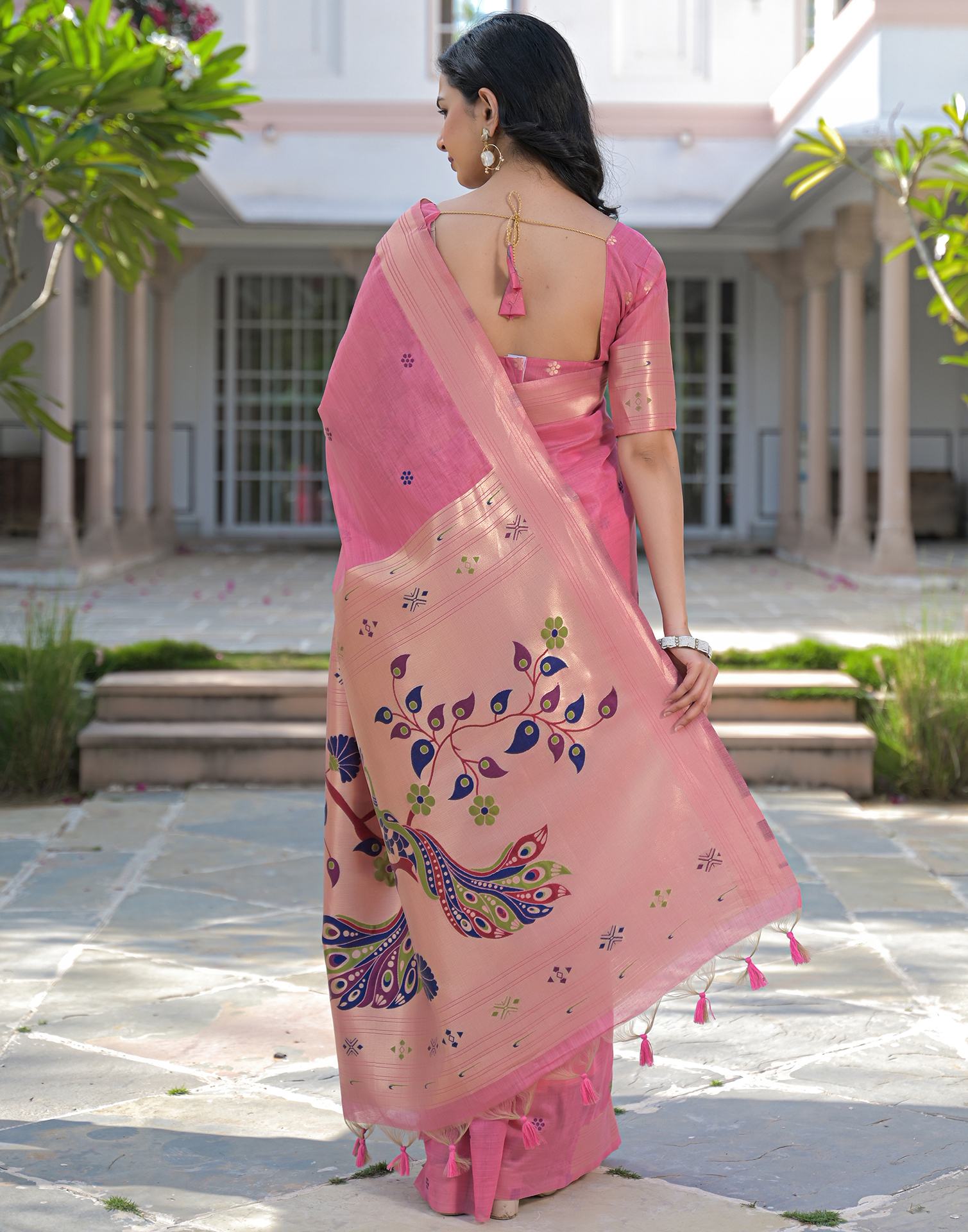 Rose Pink Cotton Woven Paithani Saree