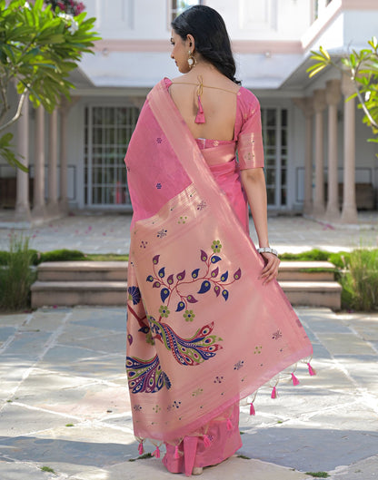 Rose Pink Cotton Woven Paithani Saree